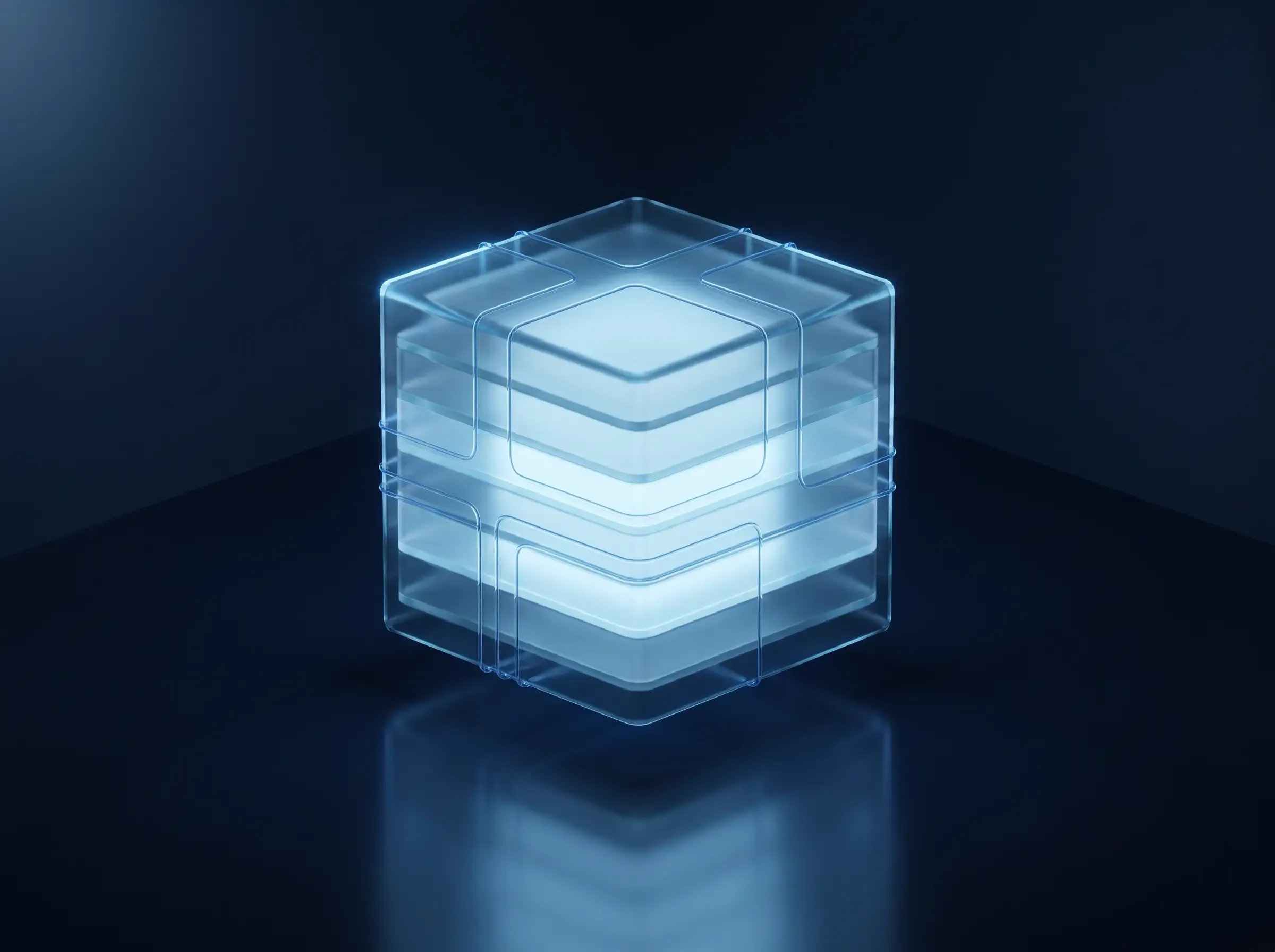 Cubo de camadas de vidro brilhando em azul