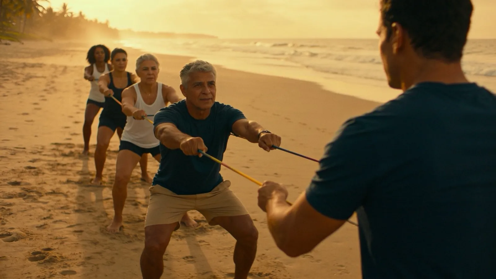 Grupo em treino funcional na areia da praia ao nascer do sol, puxando elásticos de resistência com o treinador à frente