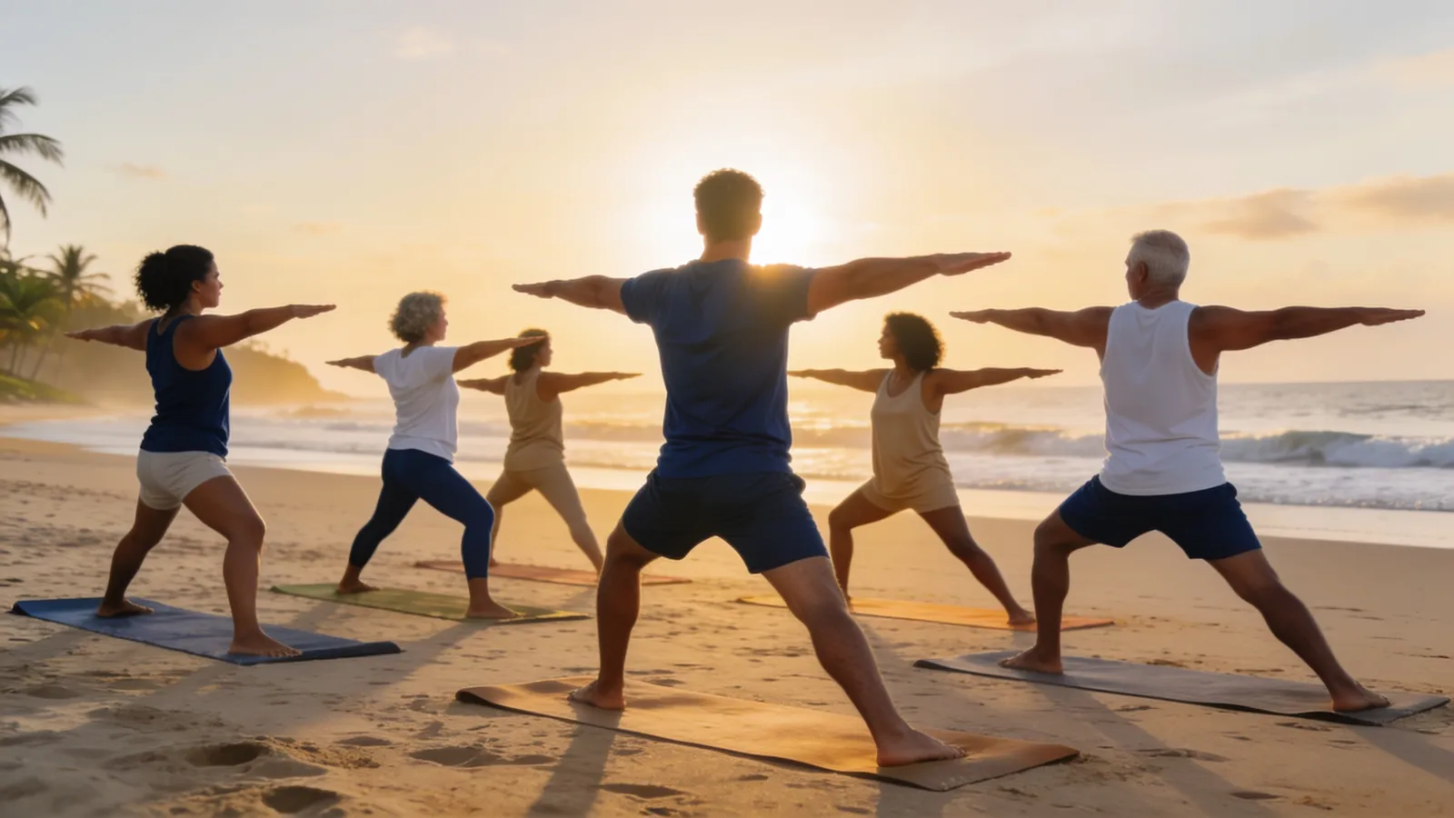 Turma de yoga em pose do guerreiro na areia da praia, de frente para o sol nascendo sobre o mar
