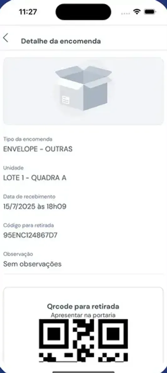 Detalhe de uma encomenda no aplicativo Semog, com QR code para retirada