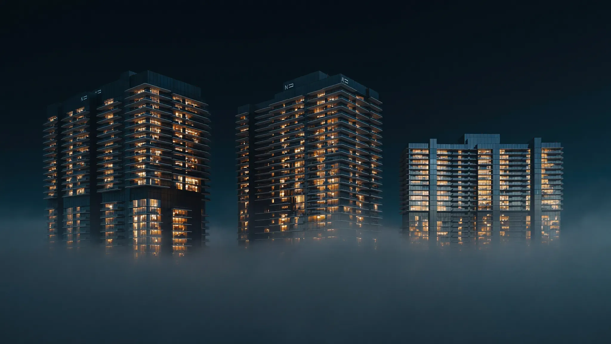 Torres residenciais iluminadas à noite, com neblina, vista do hero da Semog