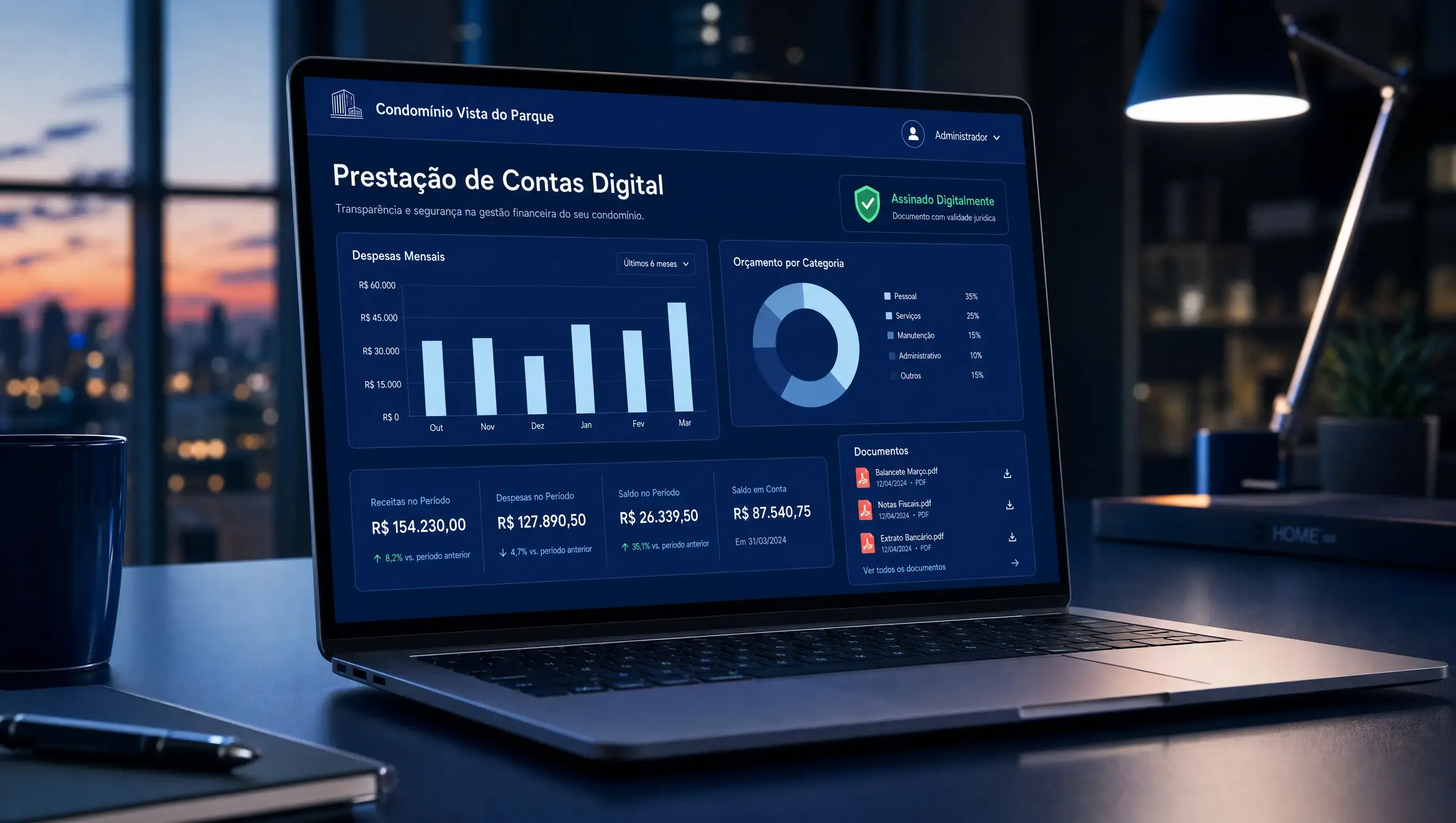 Prestação de contas digital da Semog em um notebook: gráficos, documentos e assinatura digital