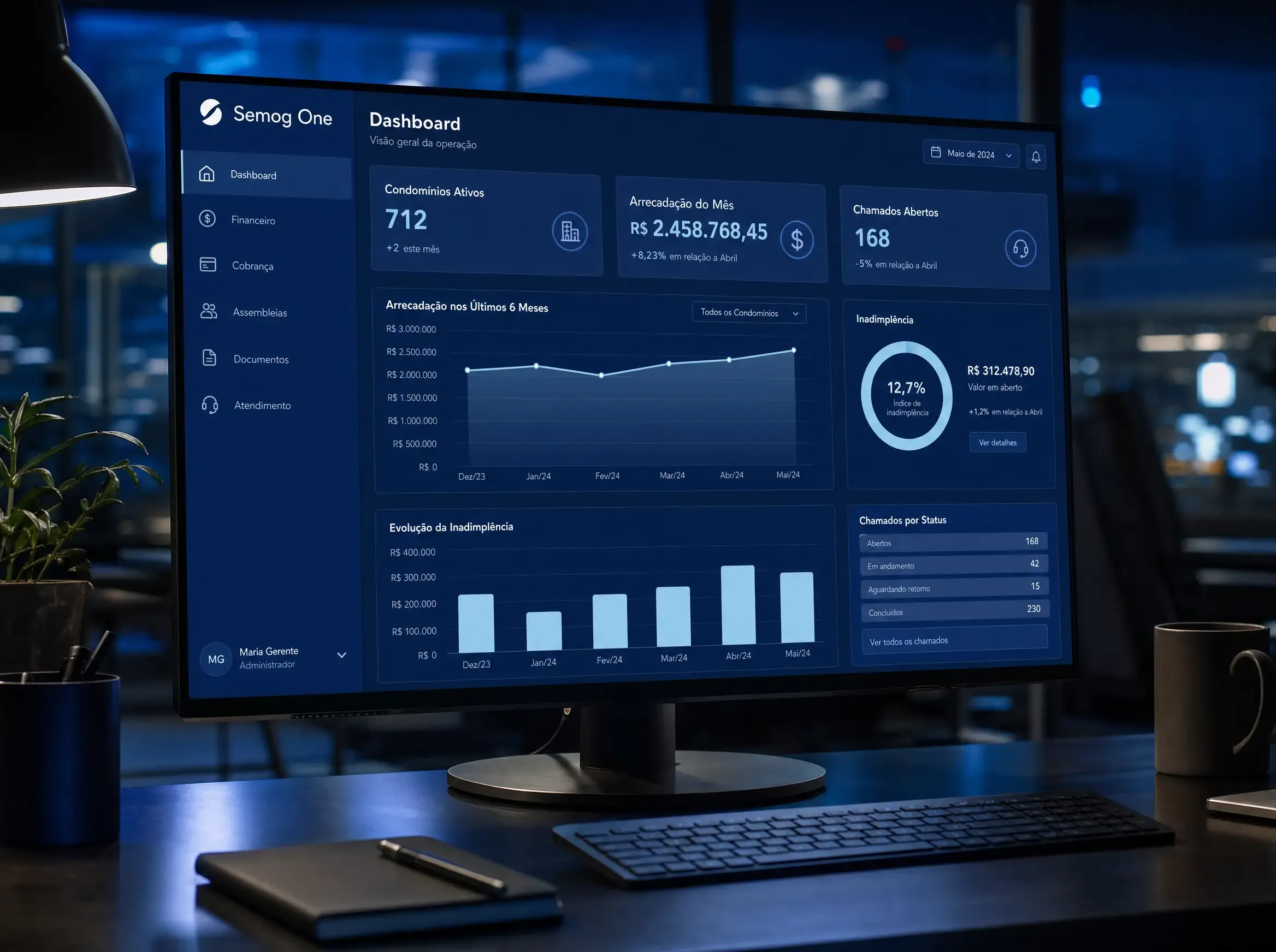 Monitor exibindo o ERP Semog One em português